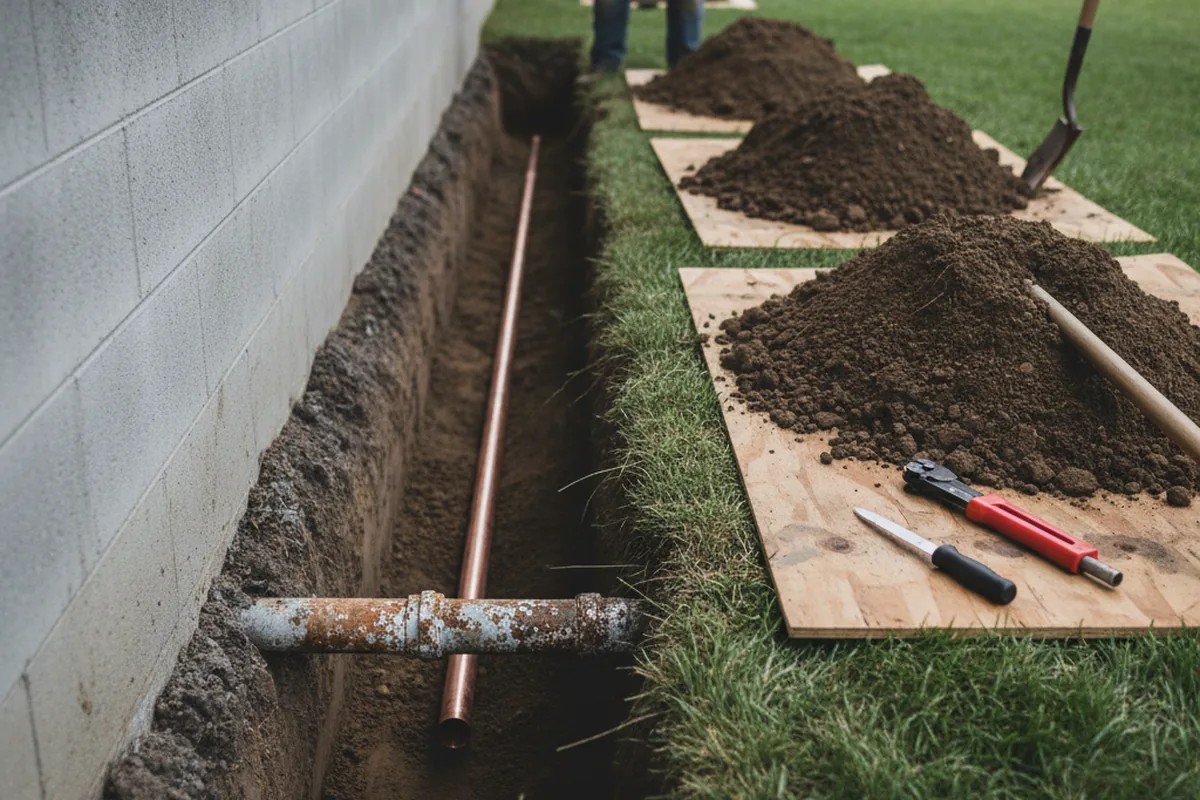 Excavated water line trench during Sewer Line Repair in Pierce